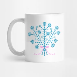 Winter blue flower bouquet with long pink ribbon, version four Mug